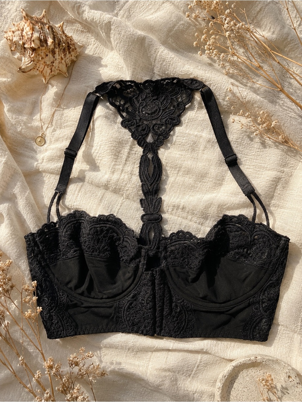 Black Lace Longline Bralette with Decorative Racerback